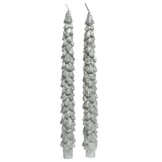 Glitter Tree Taper Candles - Silver