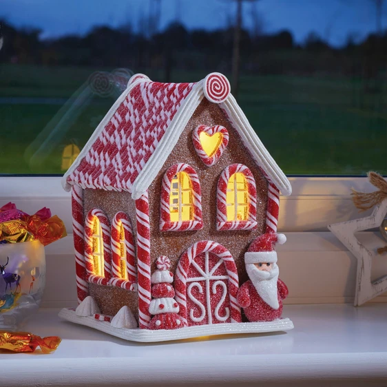 Illuminated Gingerbread Candy Cane Cabin