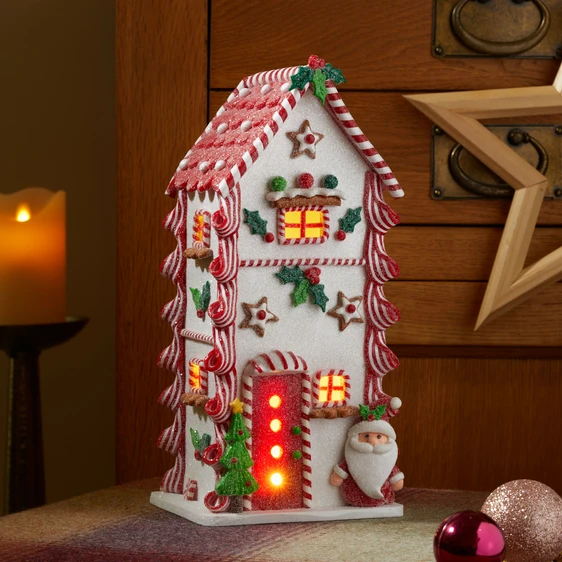 Illuminated Gingerbread Candy Cane Townhouse