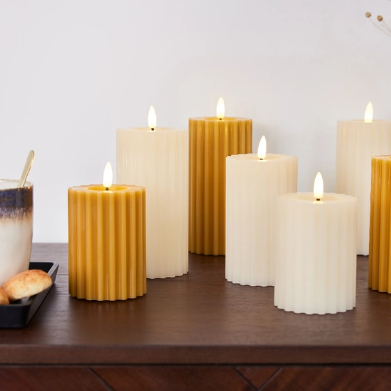 Real Effect Flameless Wax Cream Ribbed Candle - Small - image 2